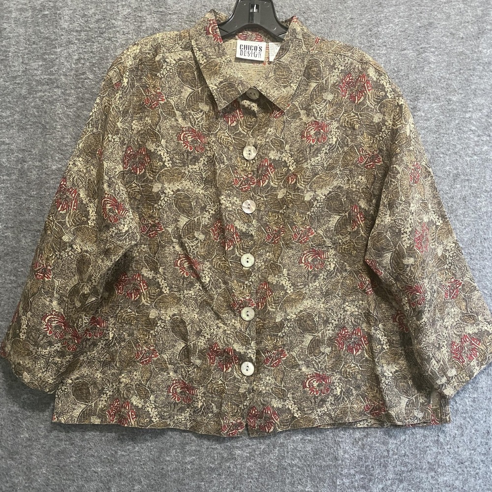 VTG Chicos Design Jacket Women 2 Large Brown Silk Linen Floral Button Up Boxy